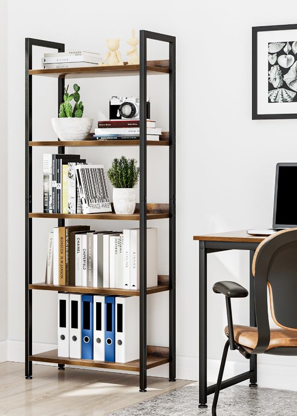 NUMENN Bookshelf, 5 Tier Freestanding Shelving Unit, Vintage