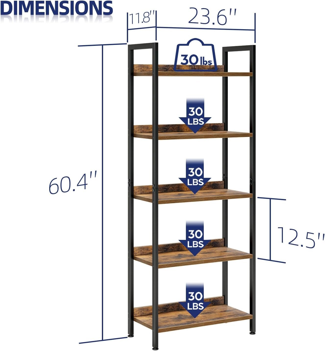 NUMENN Bookshelf, 5 Tier Freestanding Shelving Unit, Vintage - Image 4