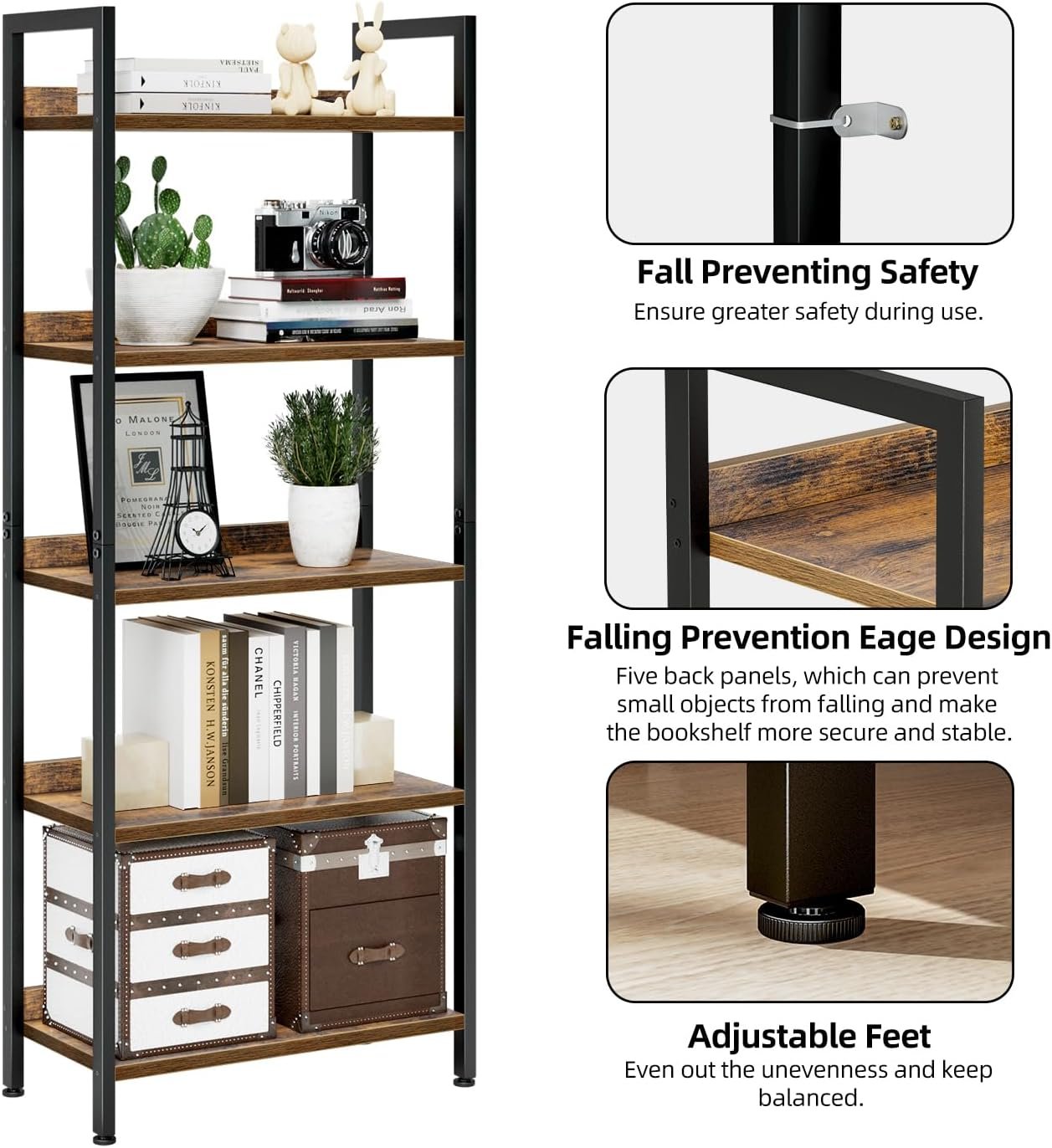 NUMENN Bookshelf, 5 Tier Freestanding Shelving Unit, Vintage - Image 3